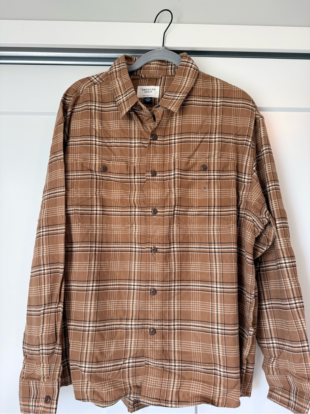 American Eagle Outfitters Tan and White Plaid Button-Down Shirt